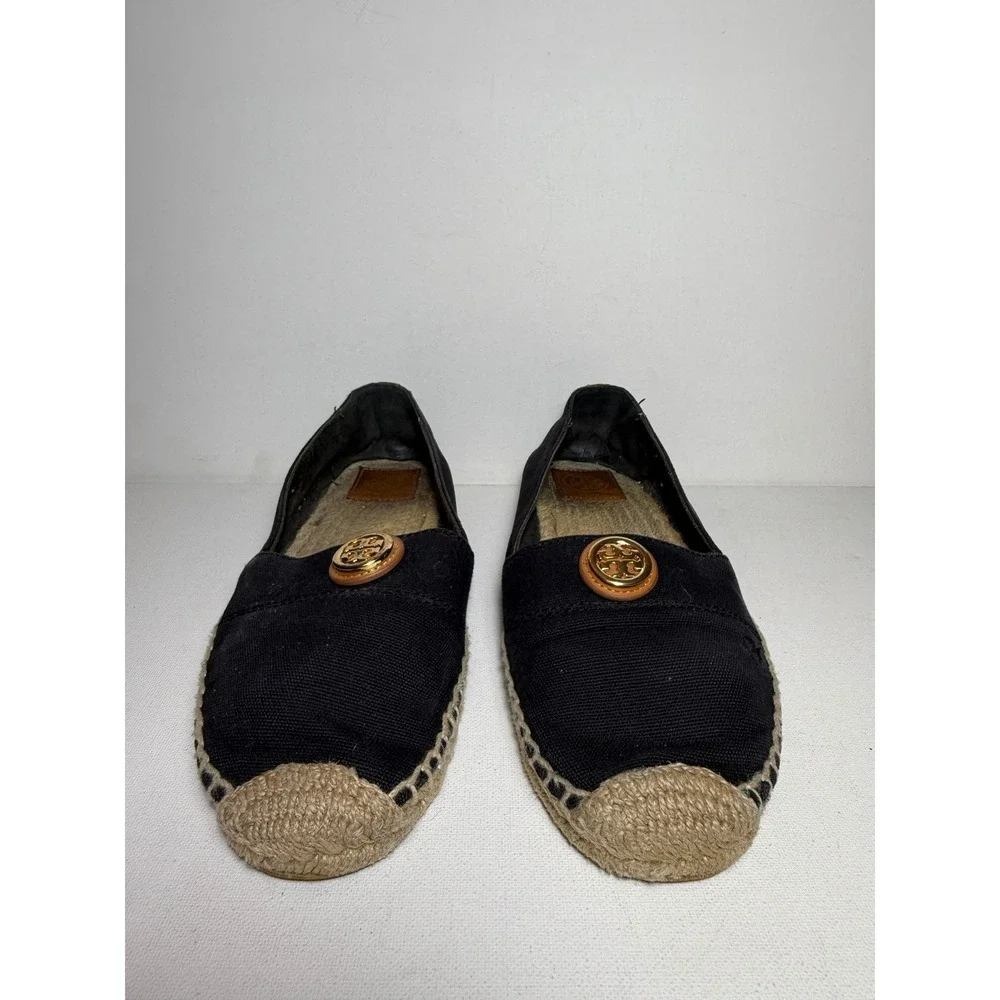 Tory Burch Black Canvas Logo Medallion Espadrille Flats Shoes Women's 9.5